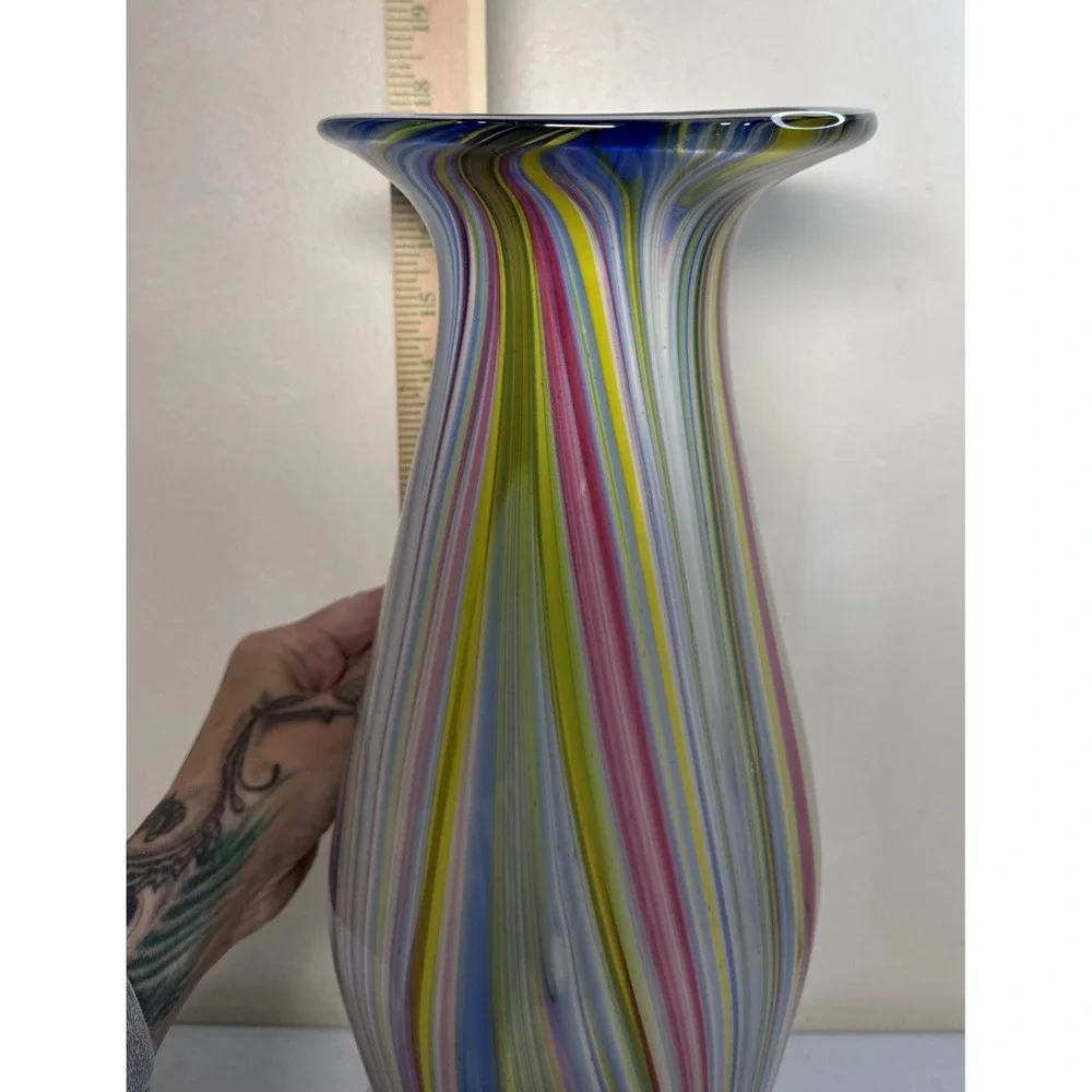 Hand Blown Rainbow Striped Art Glass Vase Tall Hourglass Multicolor 18.5 Inch